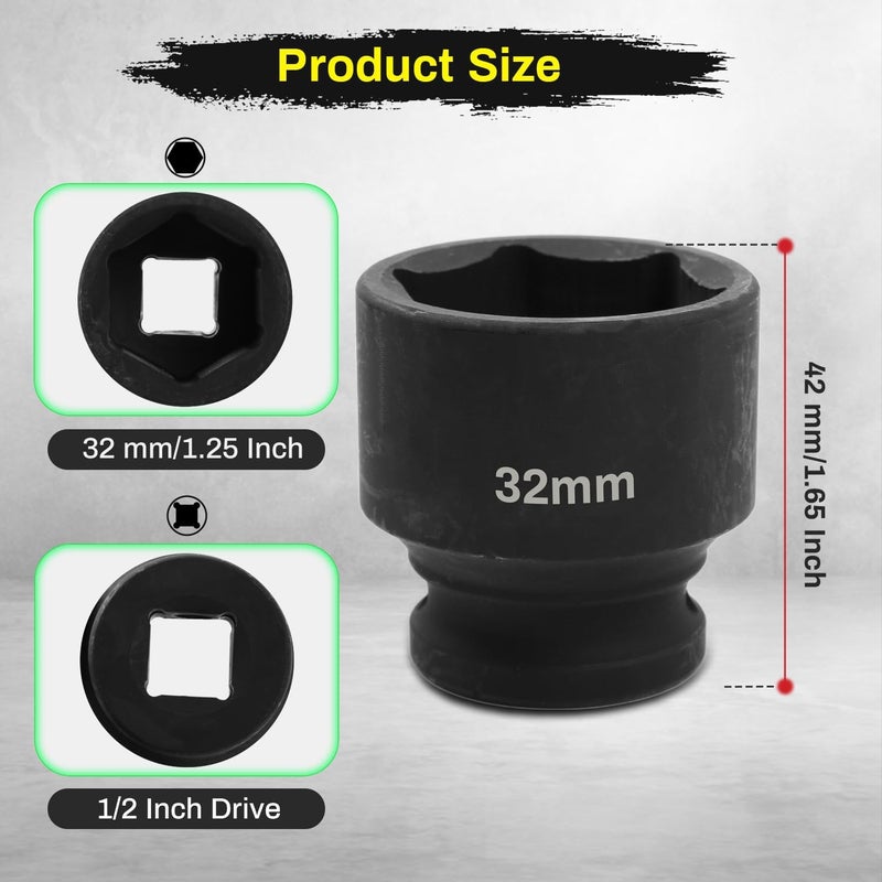 SUNKOO 1/2 Inch Drive 32mm Deep Impact Socket, CR-MO 6 Point Heavy Duty Metric Axle Nut Socket for Easy Removal of Axle and Wheel Hub Nuts - Image 2